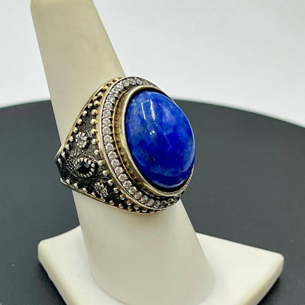 JAS Turkey Sterling Silver Lapis Lazuli, CZ,‎ Blue Sapphire Two Tone Ring Sz 8